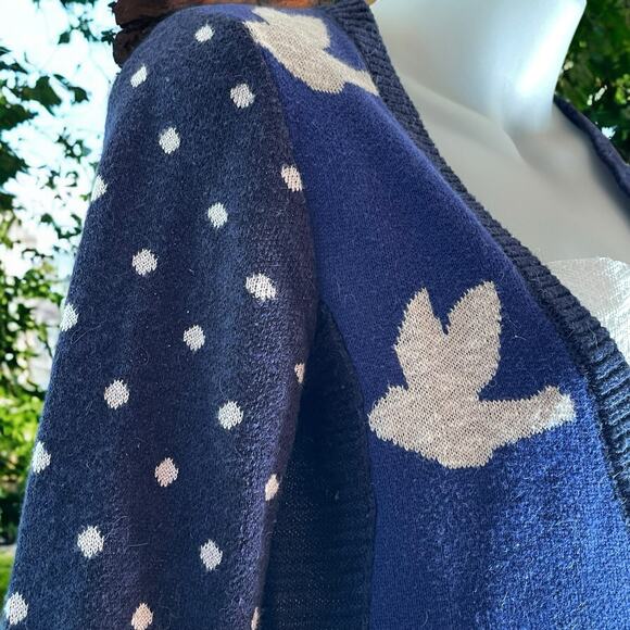 Anthropologie Leifnotes Blue Black White Bird Flying Sweater Cardigan Size XS - Picture 4 of 12